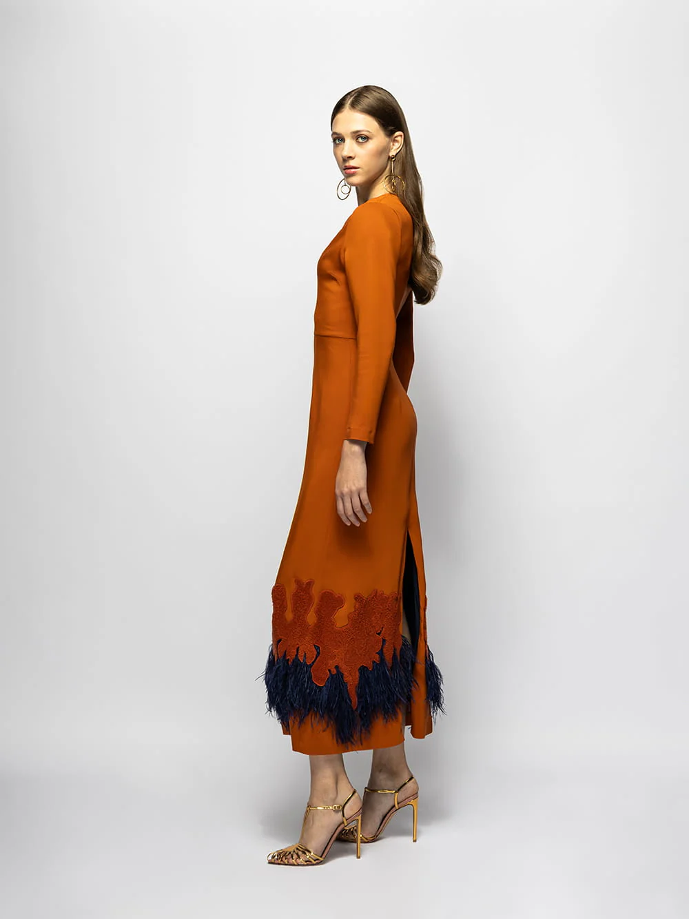 Sakura Cinnamon Stick Embroidered Long-Sleeved Maxi Dress with Feathers - Image 8