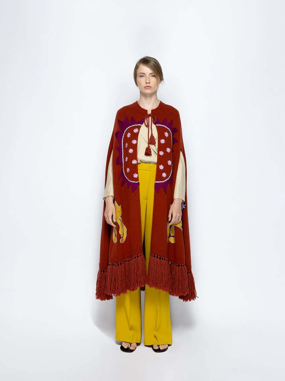 Saphire Orange Hand-Embroidered Knitted Cape - Image 2