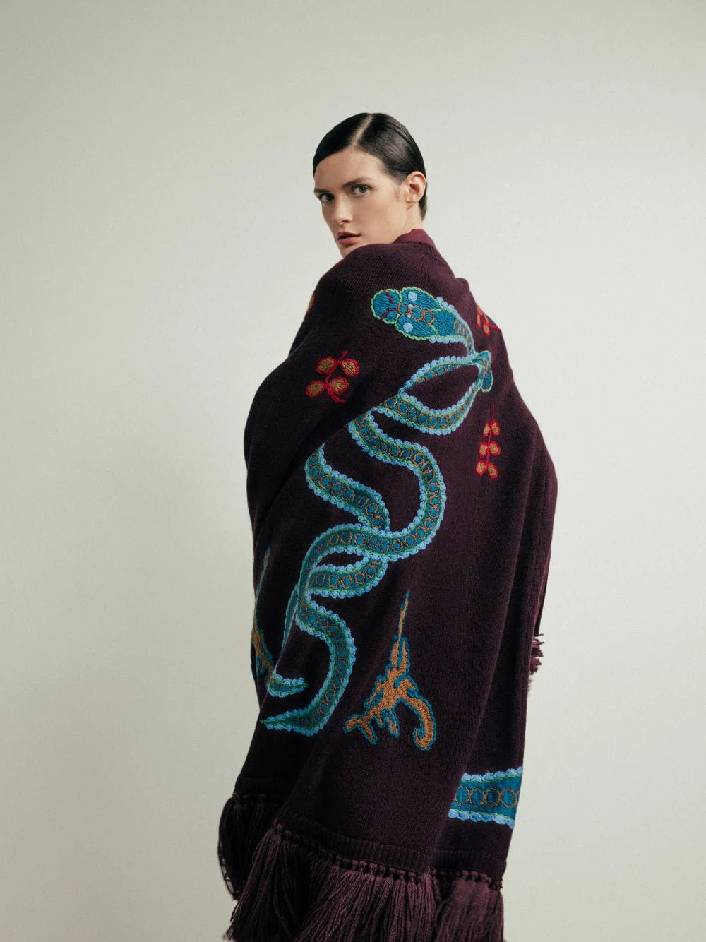 Saphire Purple Hand-Embroidered Knitted Cape - Image 7