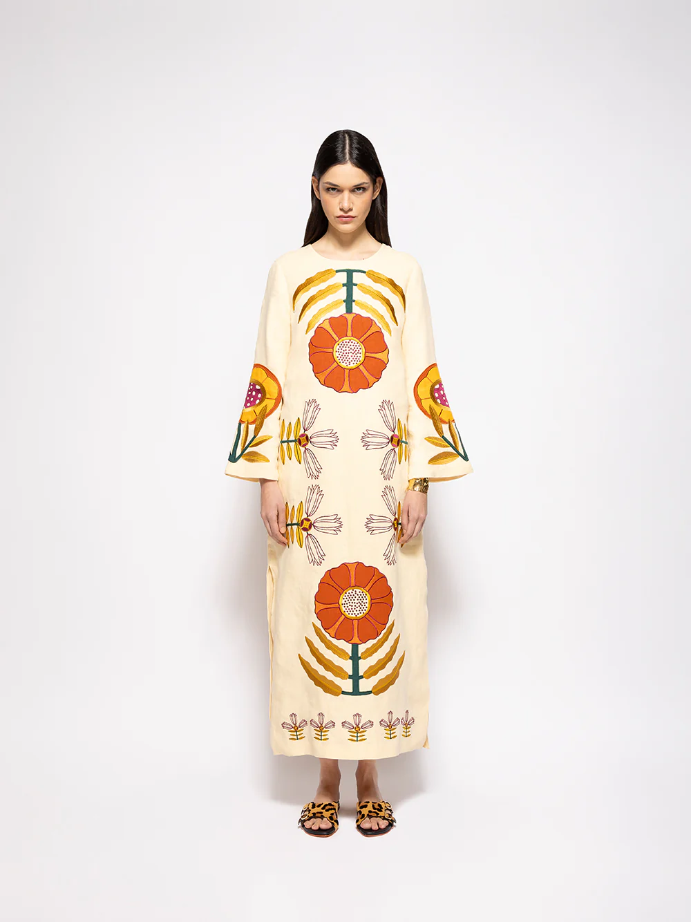 Shirley Vanilla Custard Embroidered Linen A-Line Dress - Image 3