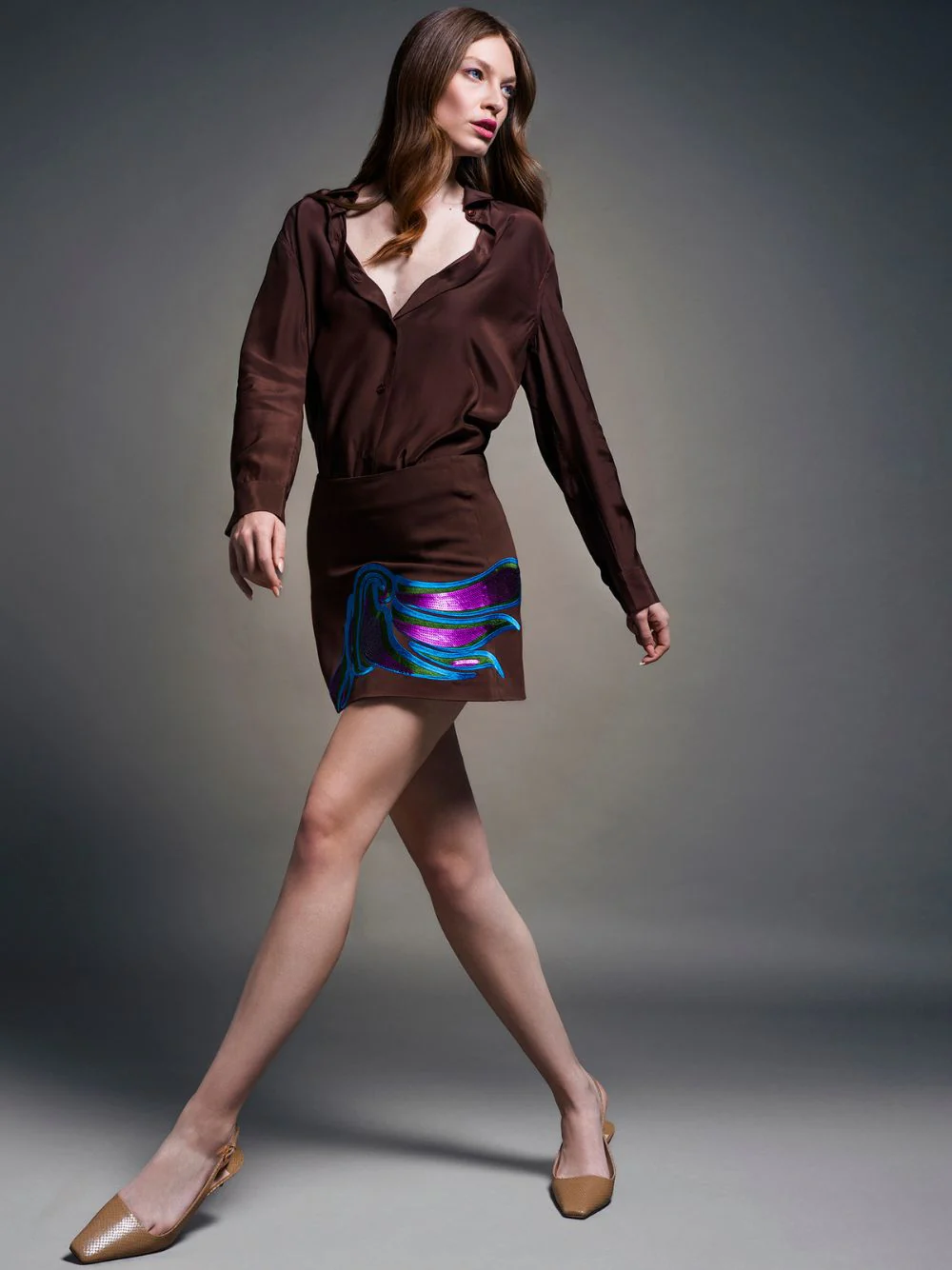 Teresa Coffee Bean Embroidered Mini Skirt
