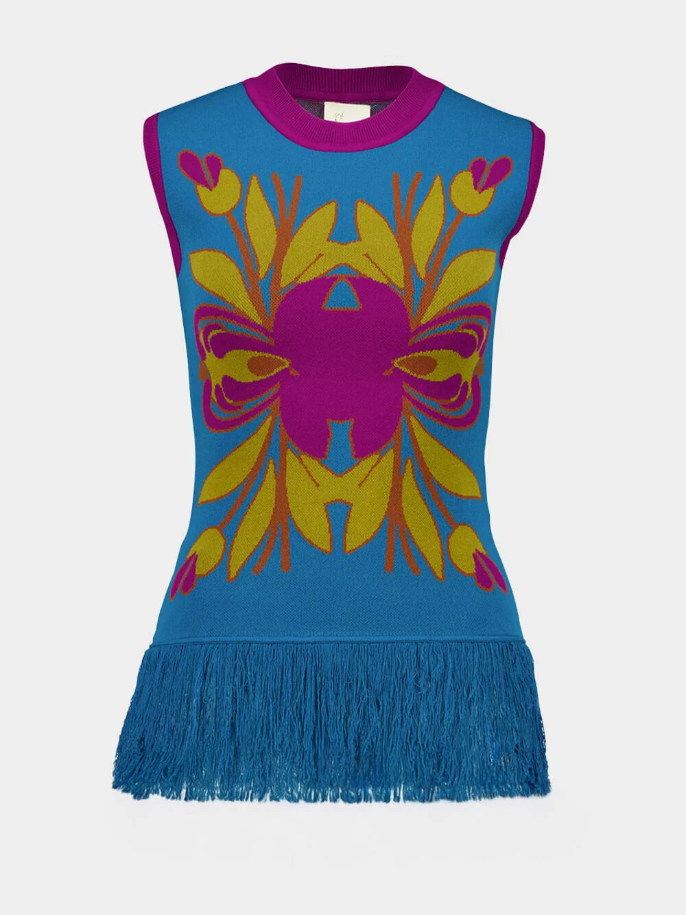 Tina Mykonos Blue Jacquard Tank Top with Fringes