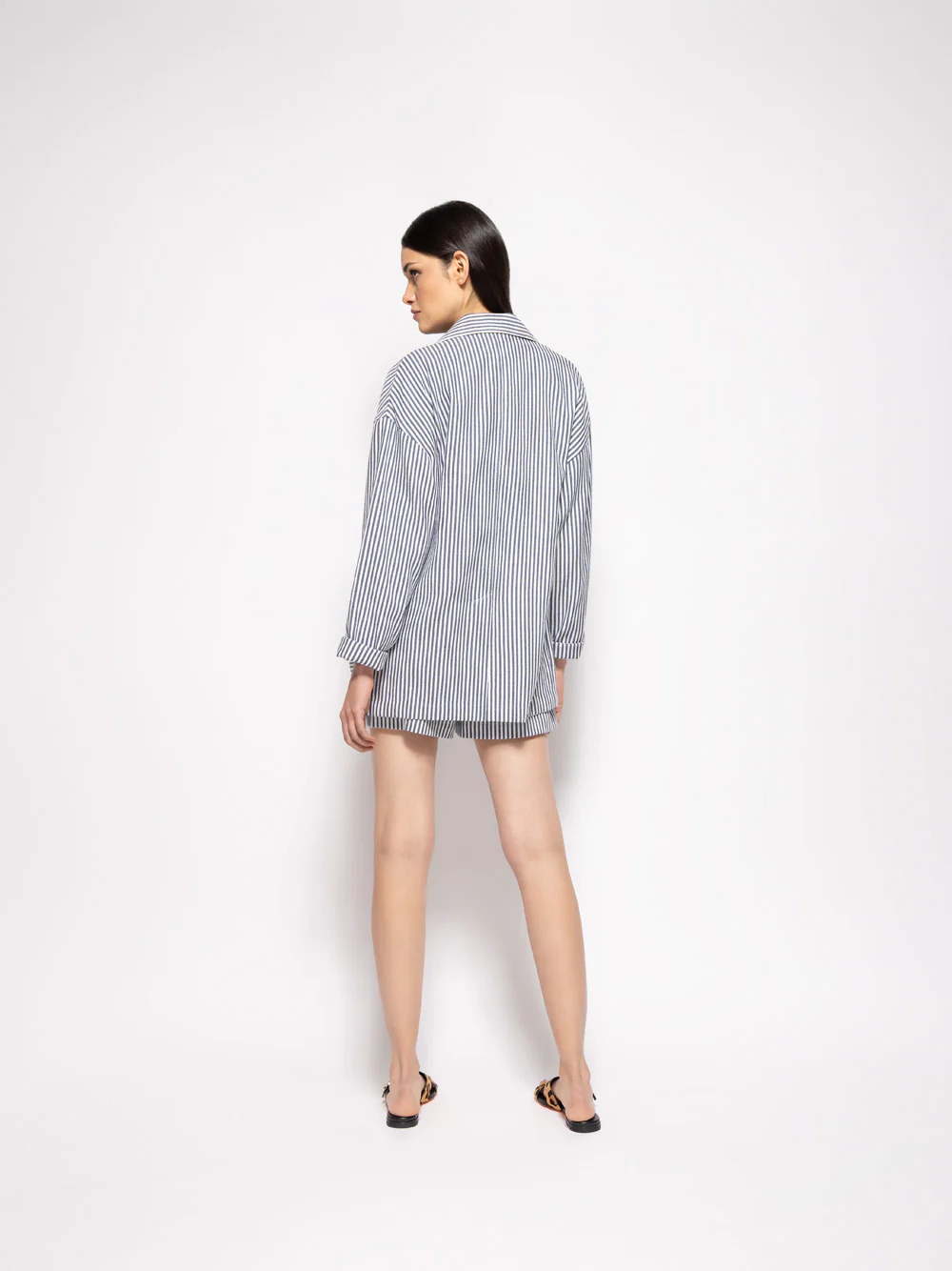 Virgo Navy Hand-Woven Striped Wide-Leg Shorts - Image 4
