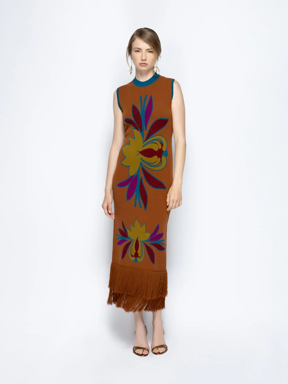 Vitoria Caramel Café Jacquard Dress with Fringes - Image 3