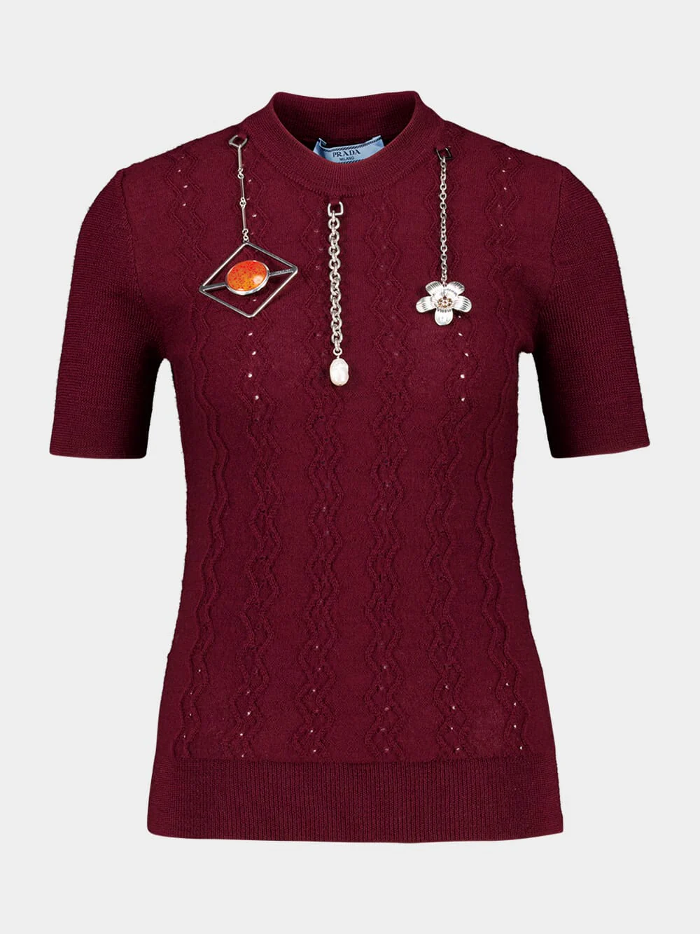 Amaranth Red Short-Sleeved Wool Sweater with Pendants - Image 2