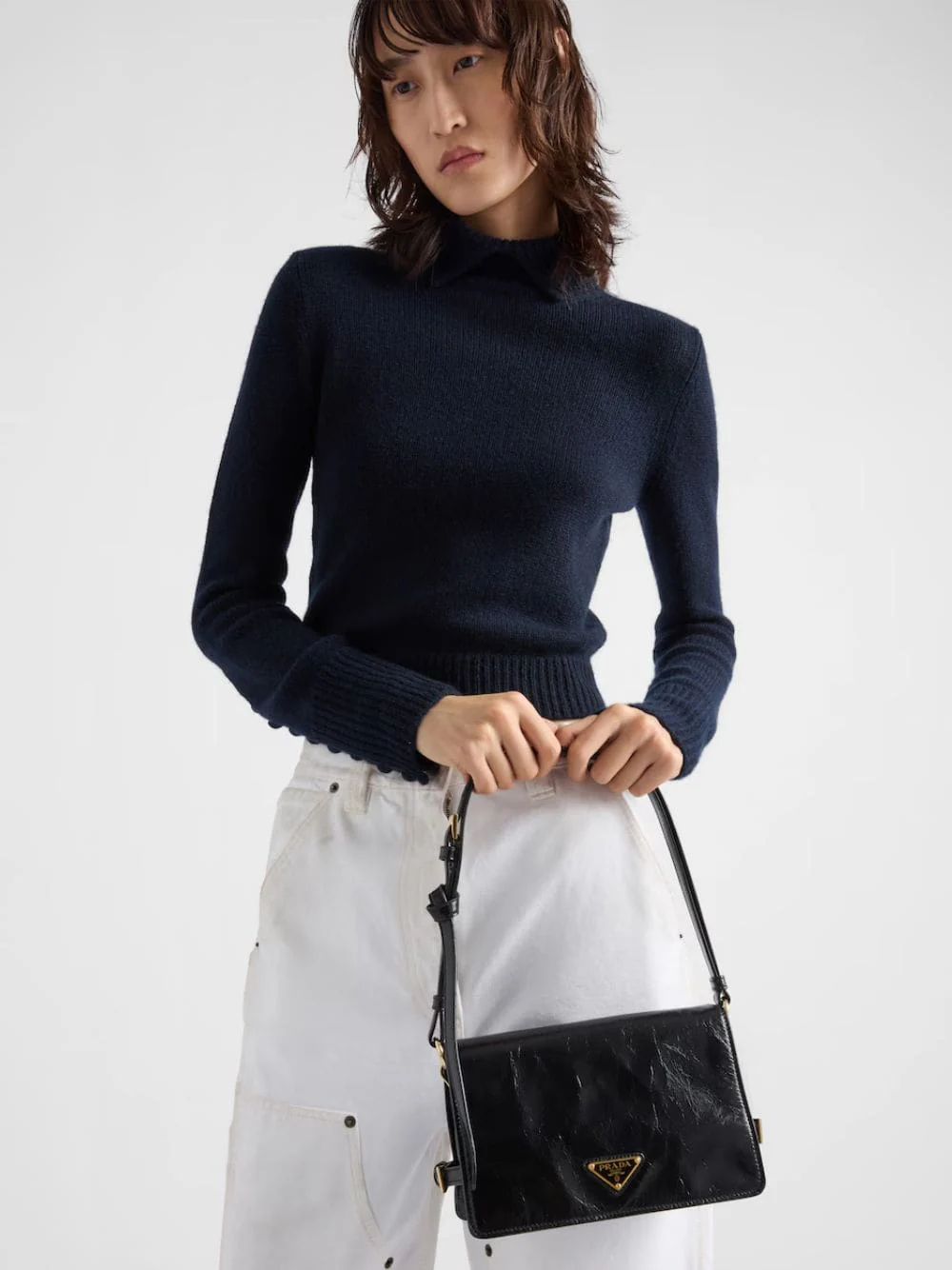 Black Glossy Leather Shoulder Bag