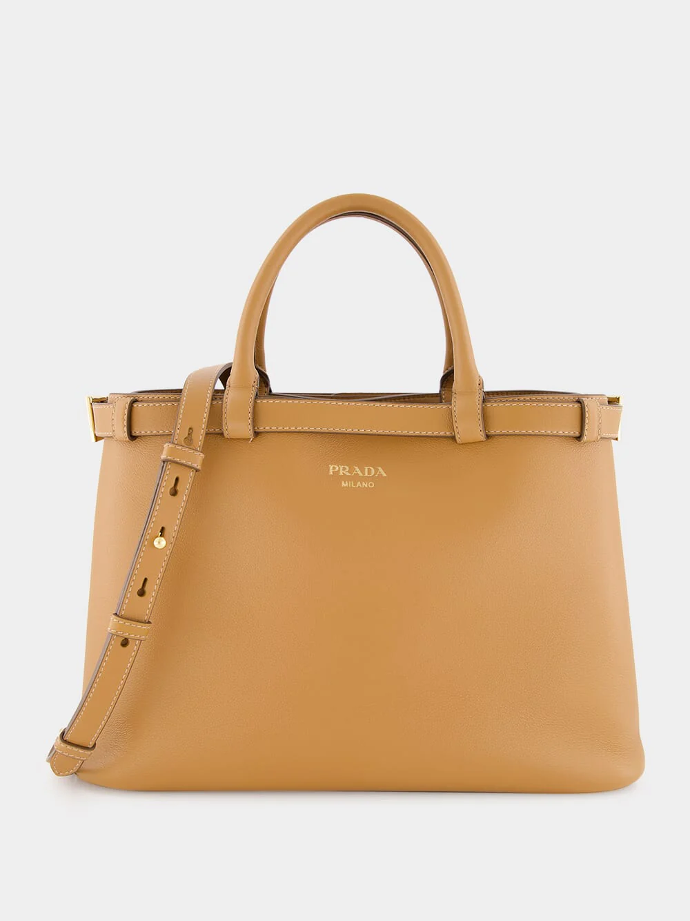 Caramel Medium Leather Handbag with Double Belt
