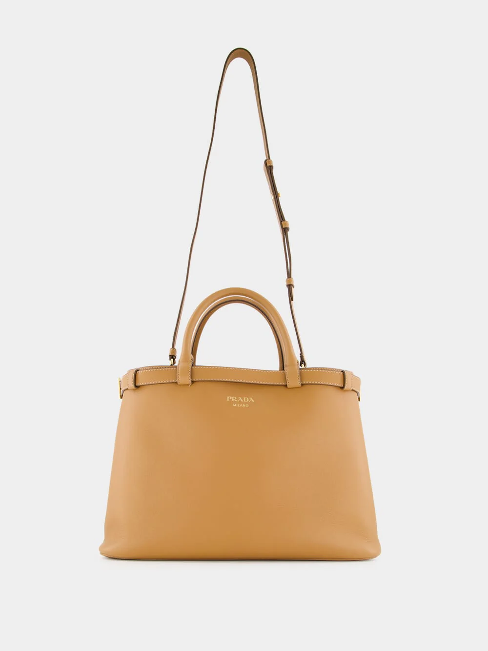 Caramel Medium Leather Handbag with Double Belt - Image 3