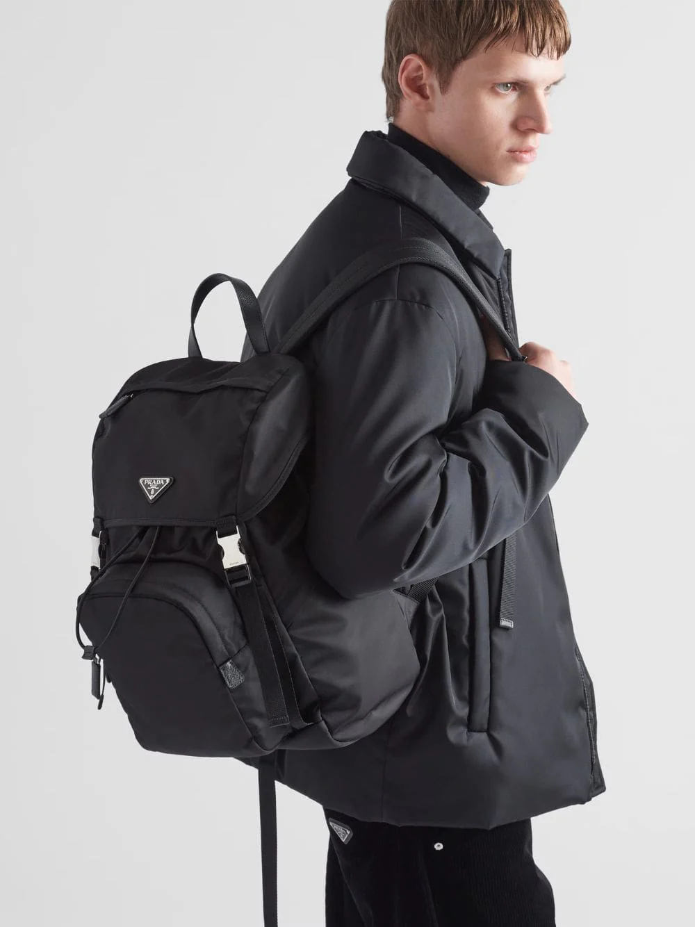 Black Re-Nylon and Saffiano Leather Backpack