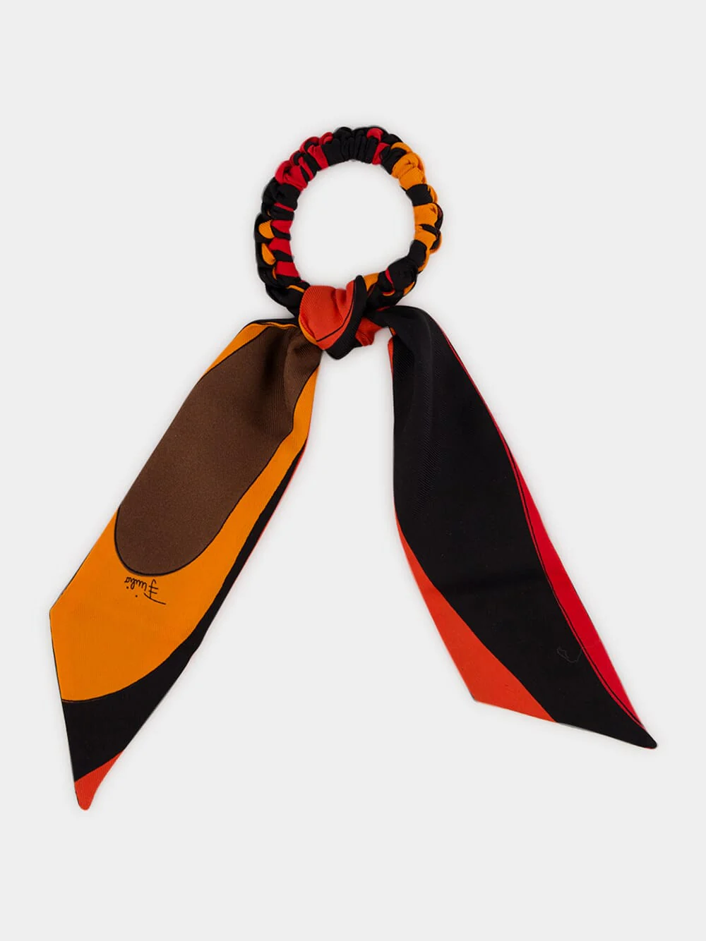 Black and Orange Silk Hair Tie with Foulard