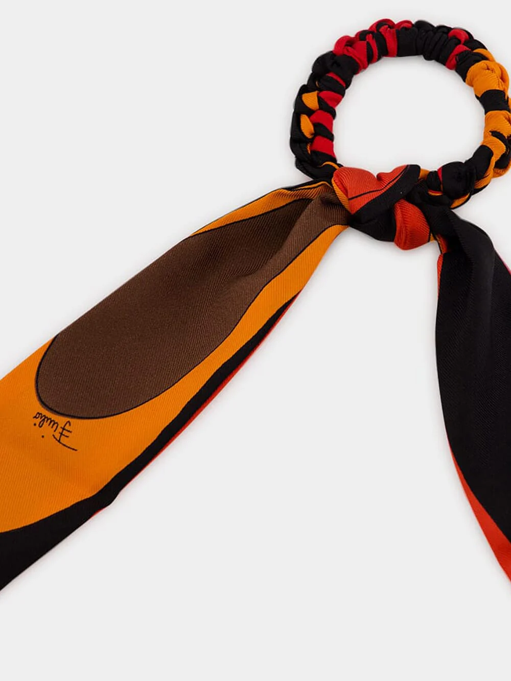 Black and Orange Silk Hair Tie with Foulard - Image 2