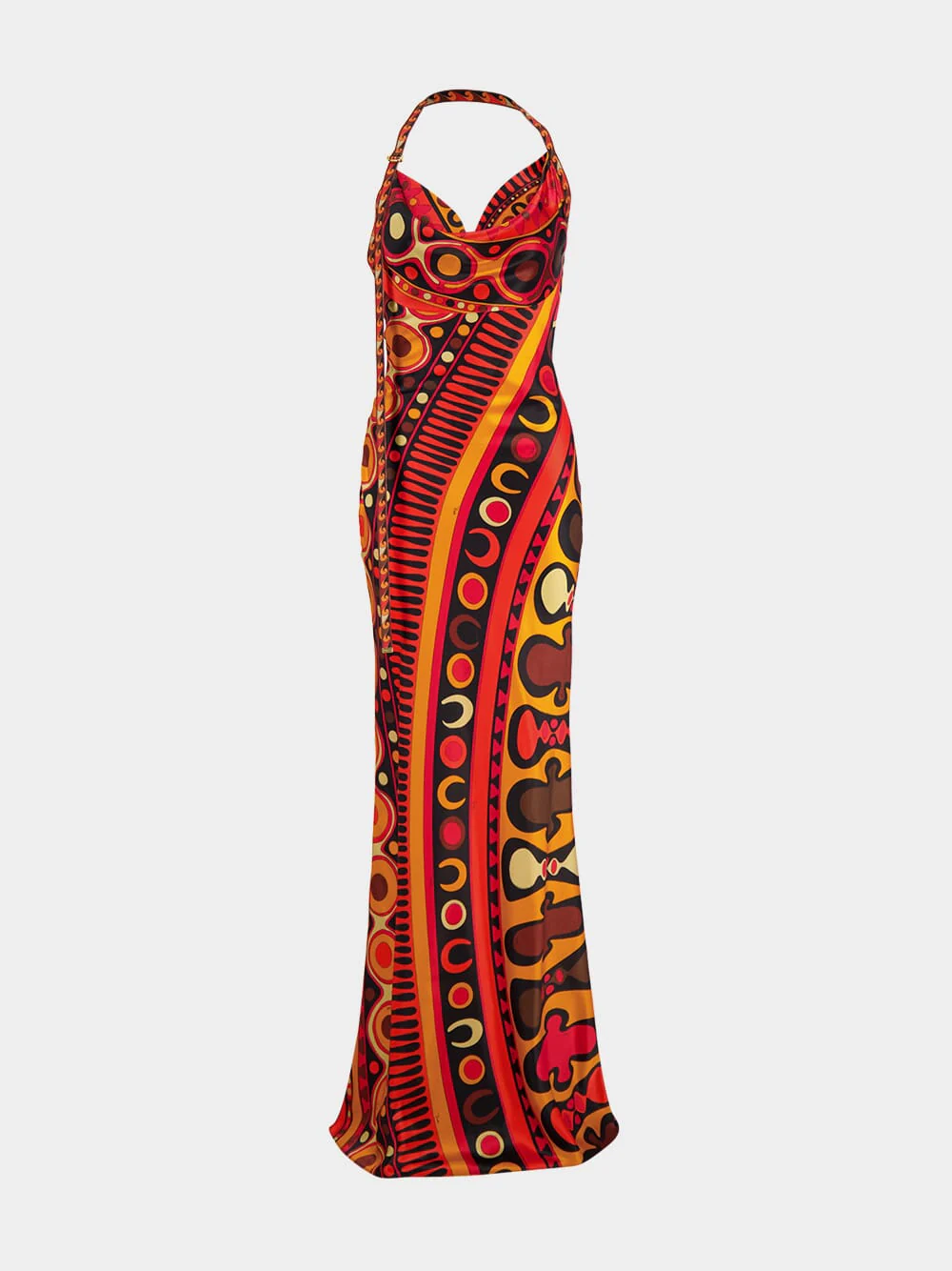 Black and Orange Soleil Print Satin Halter Maxi Dress