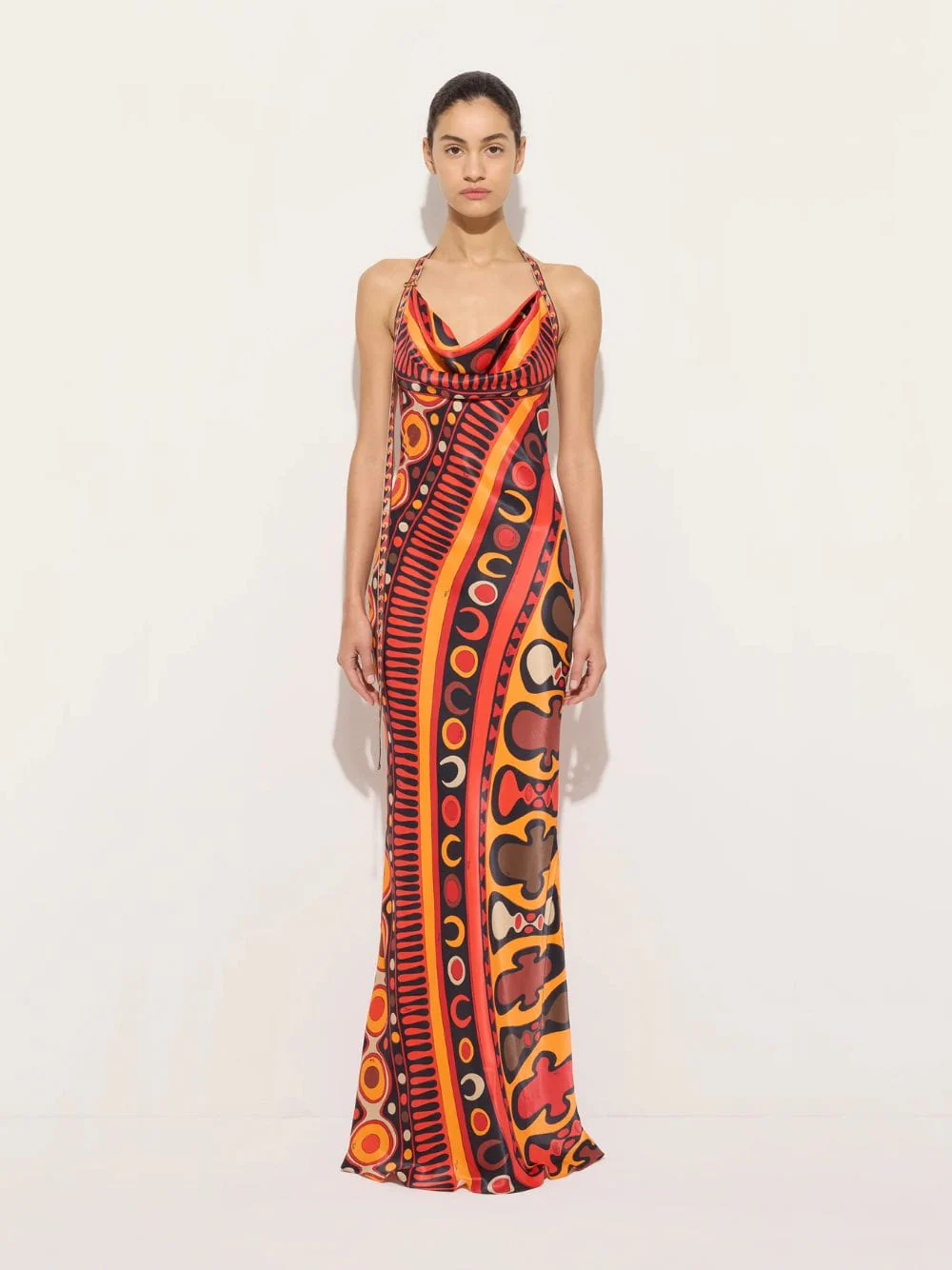 Black and Orange Soleil Print Satin Halter Maxi Dress - Image 2