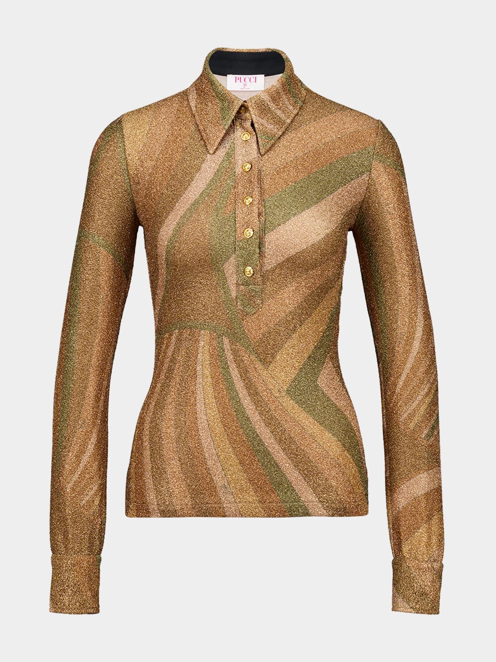 Iride Print Gold Lamé Jersey Polo Top - Image 2