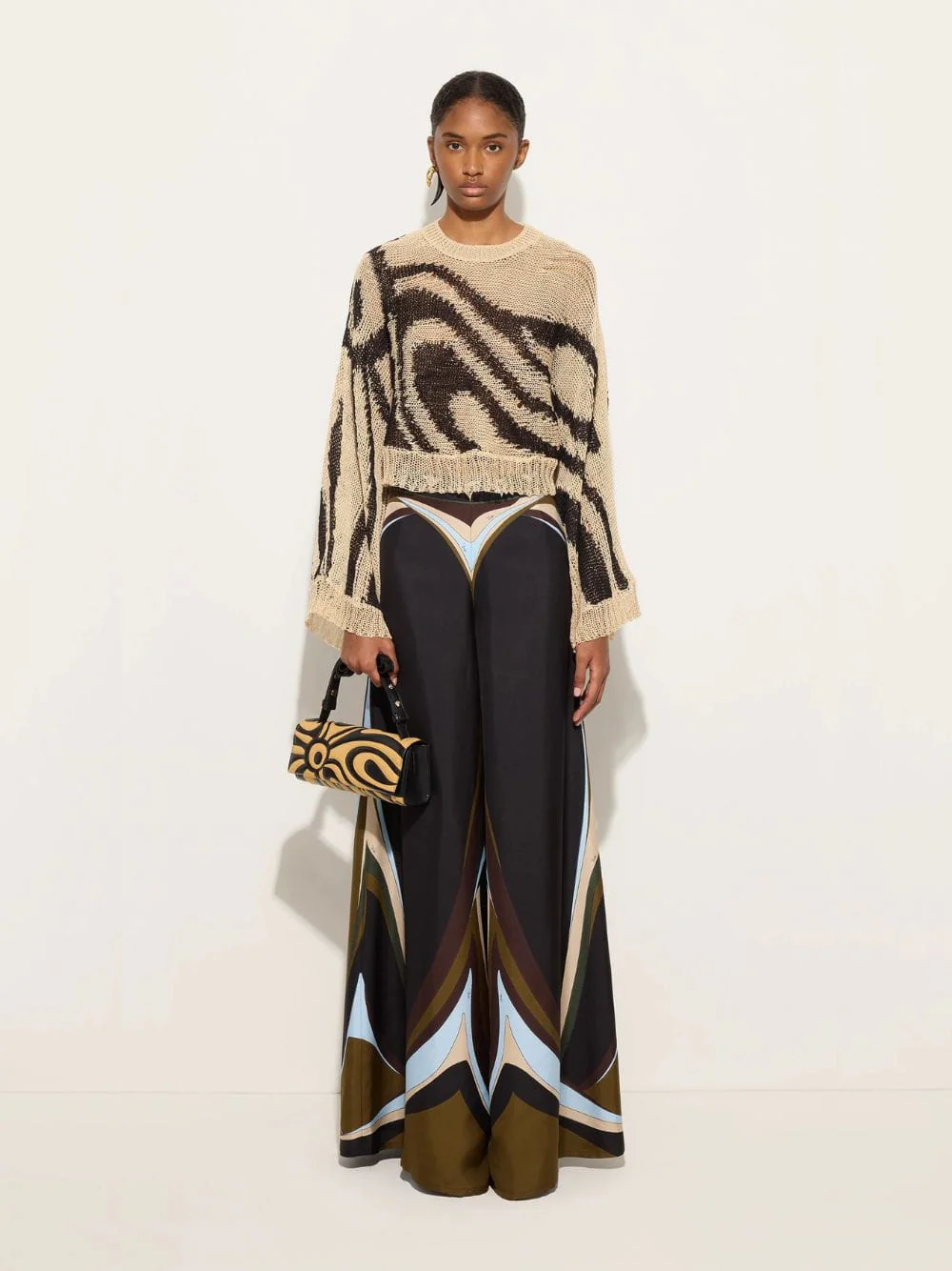 Khaki and Blue Fari Print Silk Palazzo Pants - Image 2