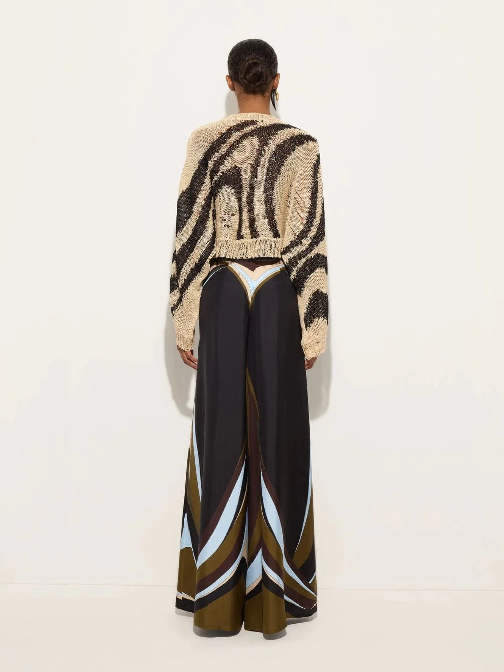 Khaki and Blue Fari Print Silk Palazzo Pants - Image 4
