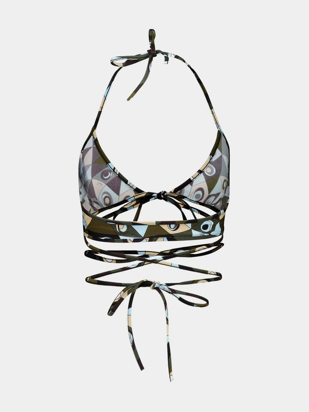 Khaki and Blue Occhi Print Triangle Bikini Top - Image 3