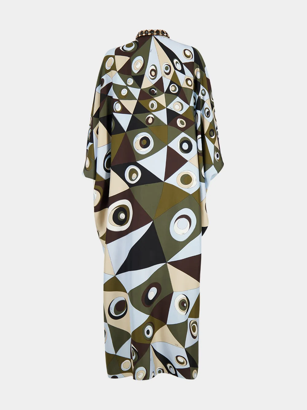 Khaki and Blue Occhi Silk Embellished Kaftan - Image 3