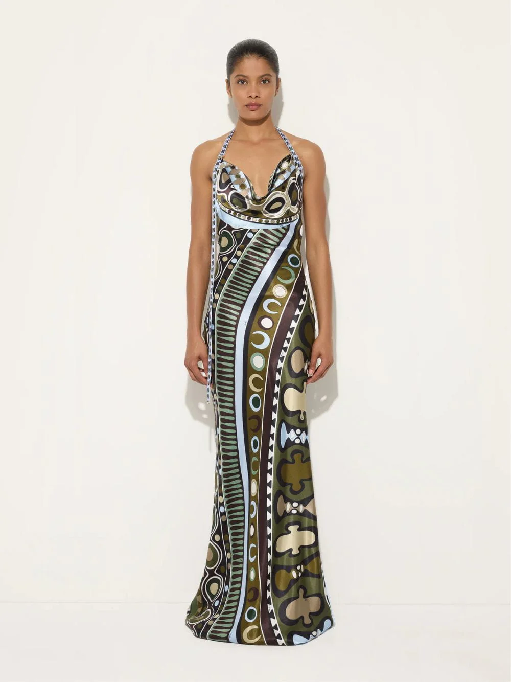 Khaki and Blue Soleil Print Satin Halter Dress