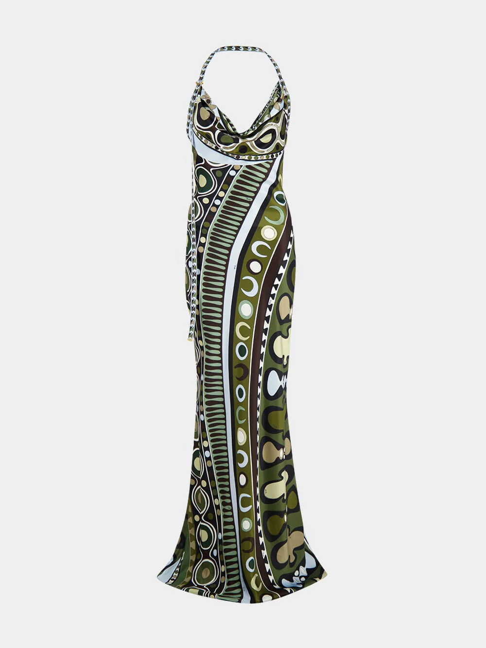 Khaki and Blue Soleil Print Satin Halter Dress - Image 2