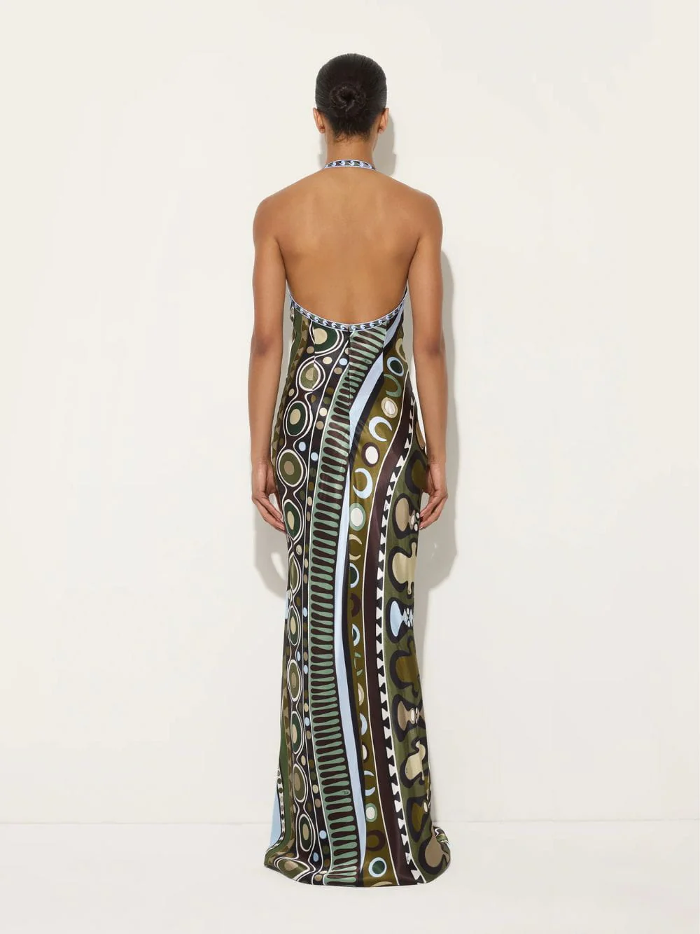 Khaki and Blue Soleil Print Satin Halter Dress - Image 3