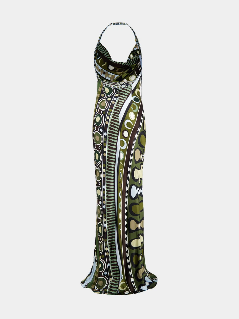 Khaki and Blue Soleil Print Satin Halter Dress - Image 4