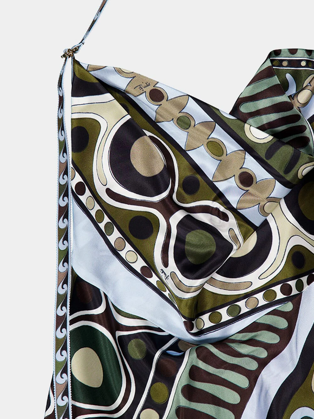 Khaki and Blue Soleil Print Satin Halter Dress - Image 5