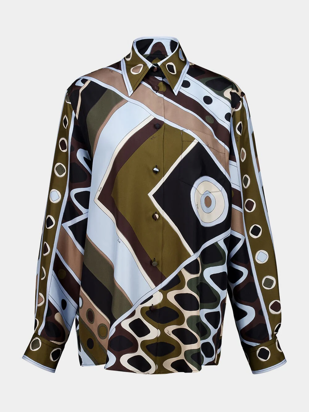 Khaki and Blue Vivara Silk Shirt - Image 2