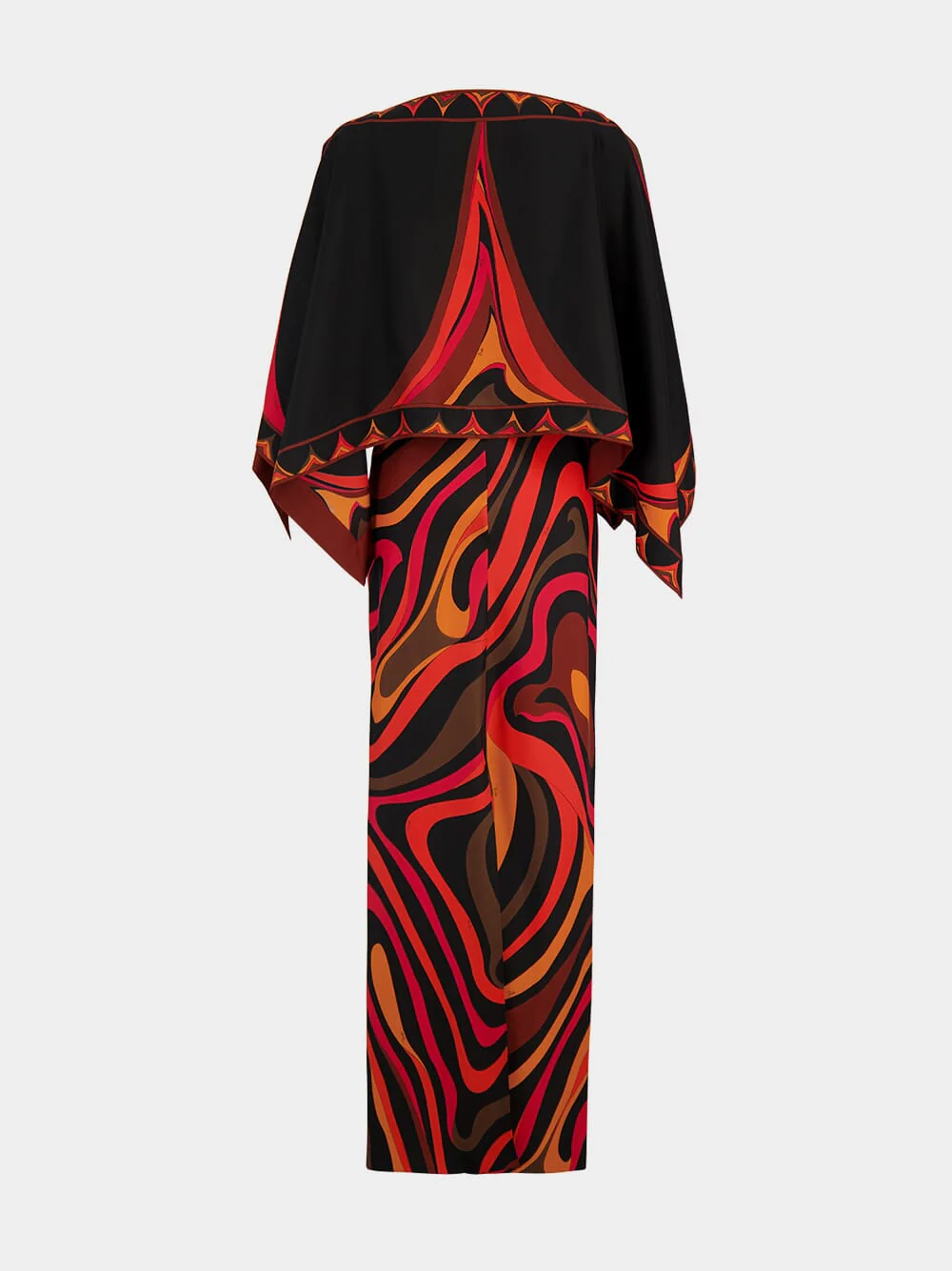 Black and Orange Marmo Print Silk Cape Dress - Image 3