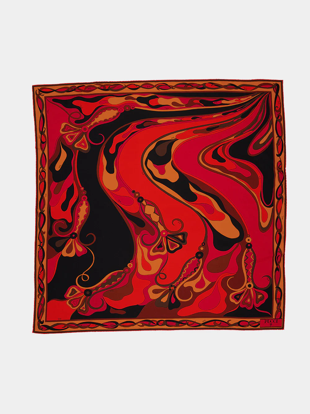 Black and Orange Orchidee Print Silk Carrè