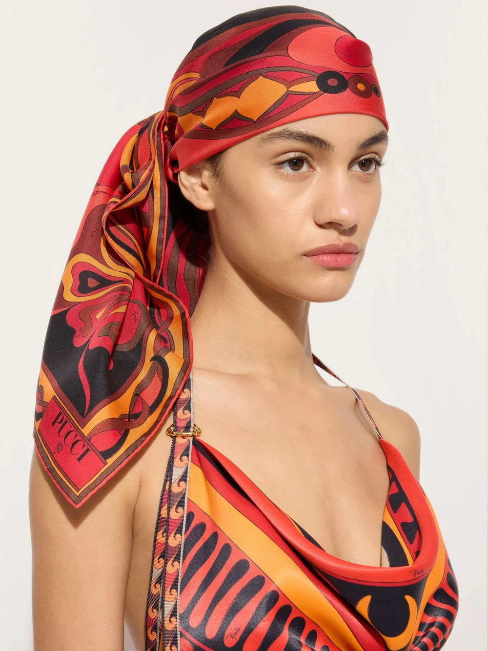 Black and Orange Orchidee Print Silk Carrè - Image 2