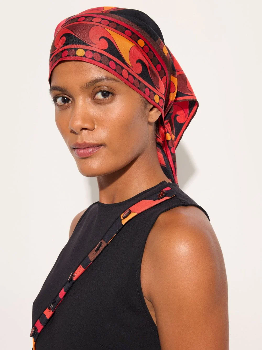 Black and Orange Orchidee Print Triangle Scarf