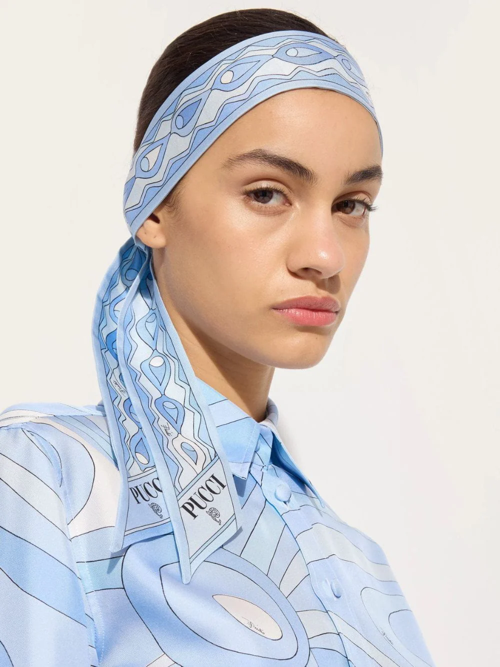 Pale Blue Mixed Print Silk Twill Bandeau Scarf - Image 2