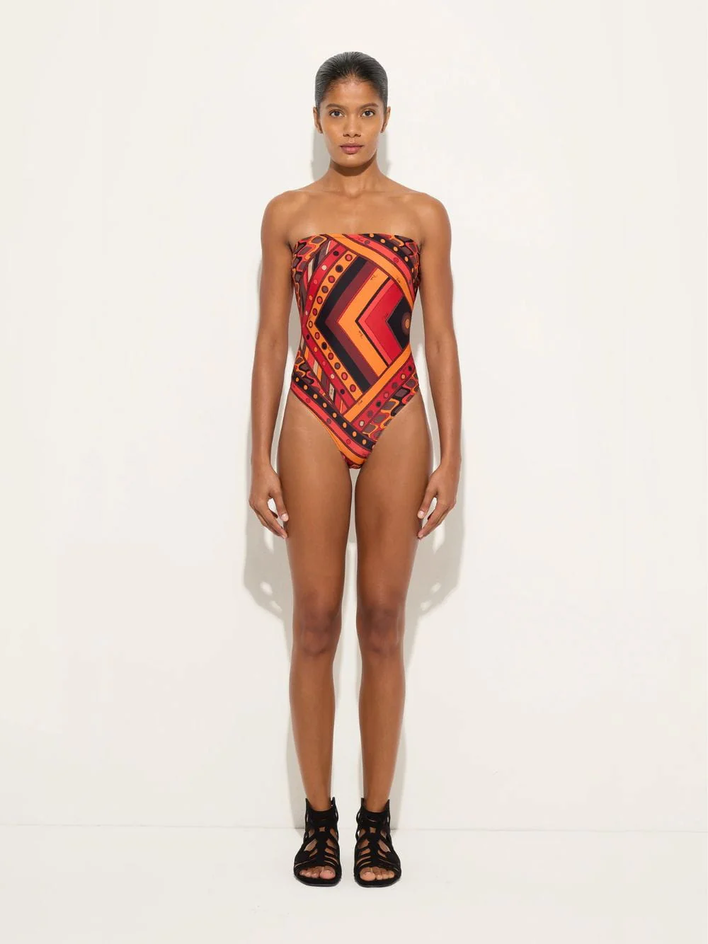 Black and Orange Vivara Print Bandeau Swimsuit - Image 2