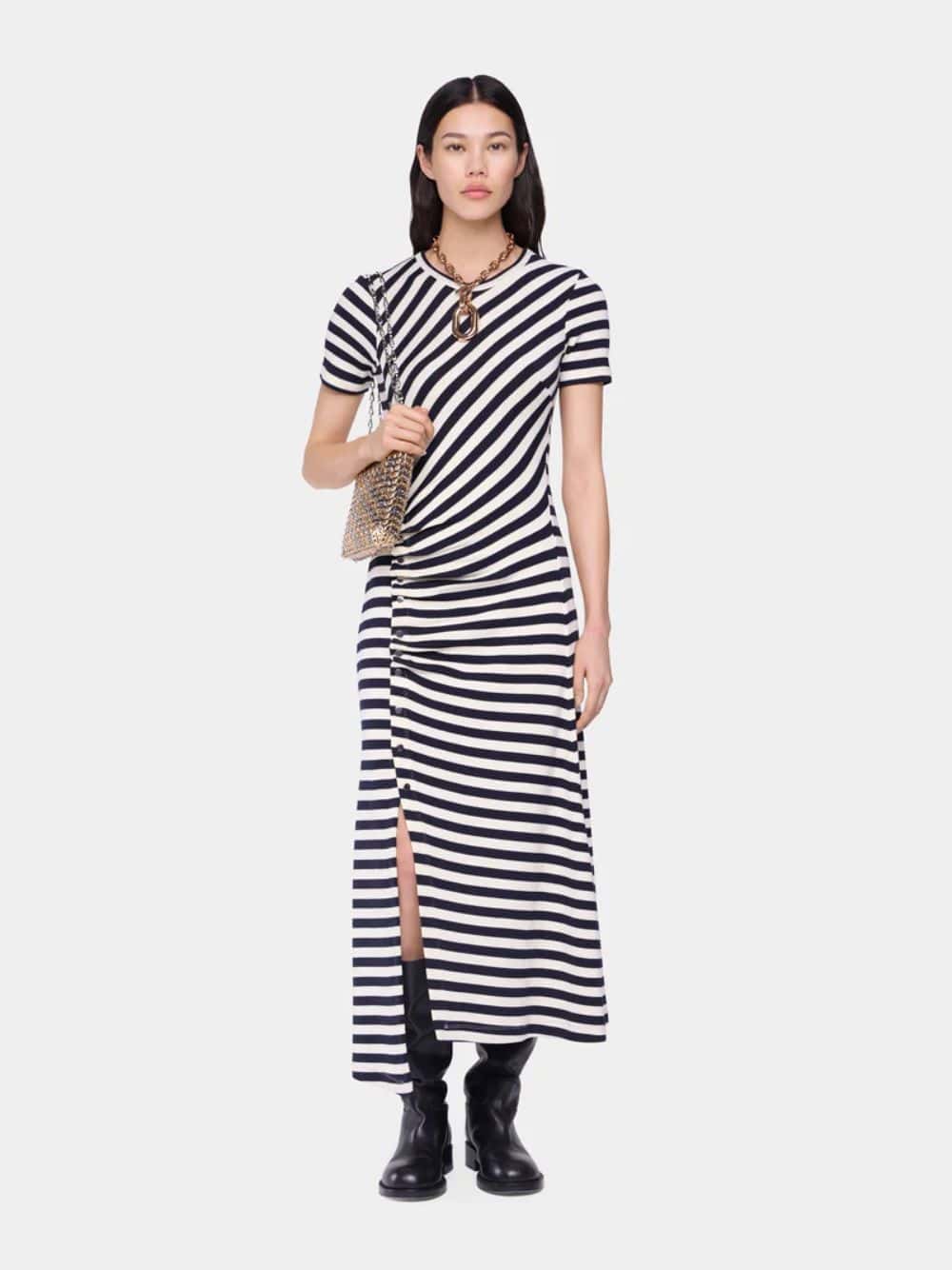 Black and Cream Draped Wool Midi Dress - Image 2