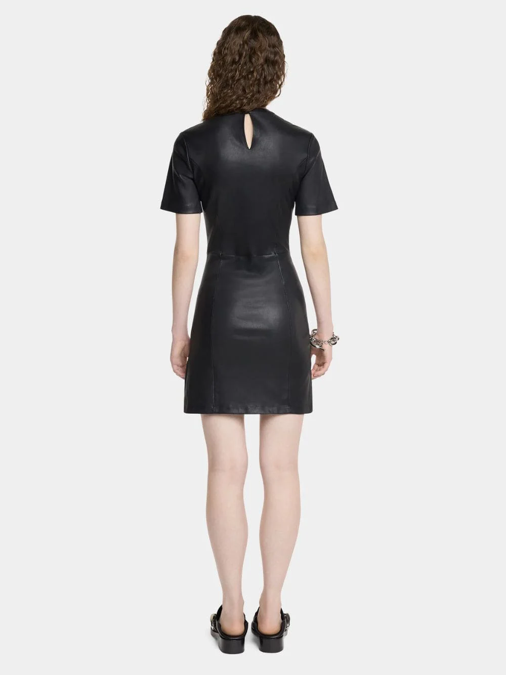 Black Short Gathered Dress in Lambskin - Image 4