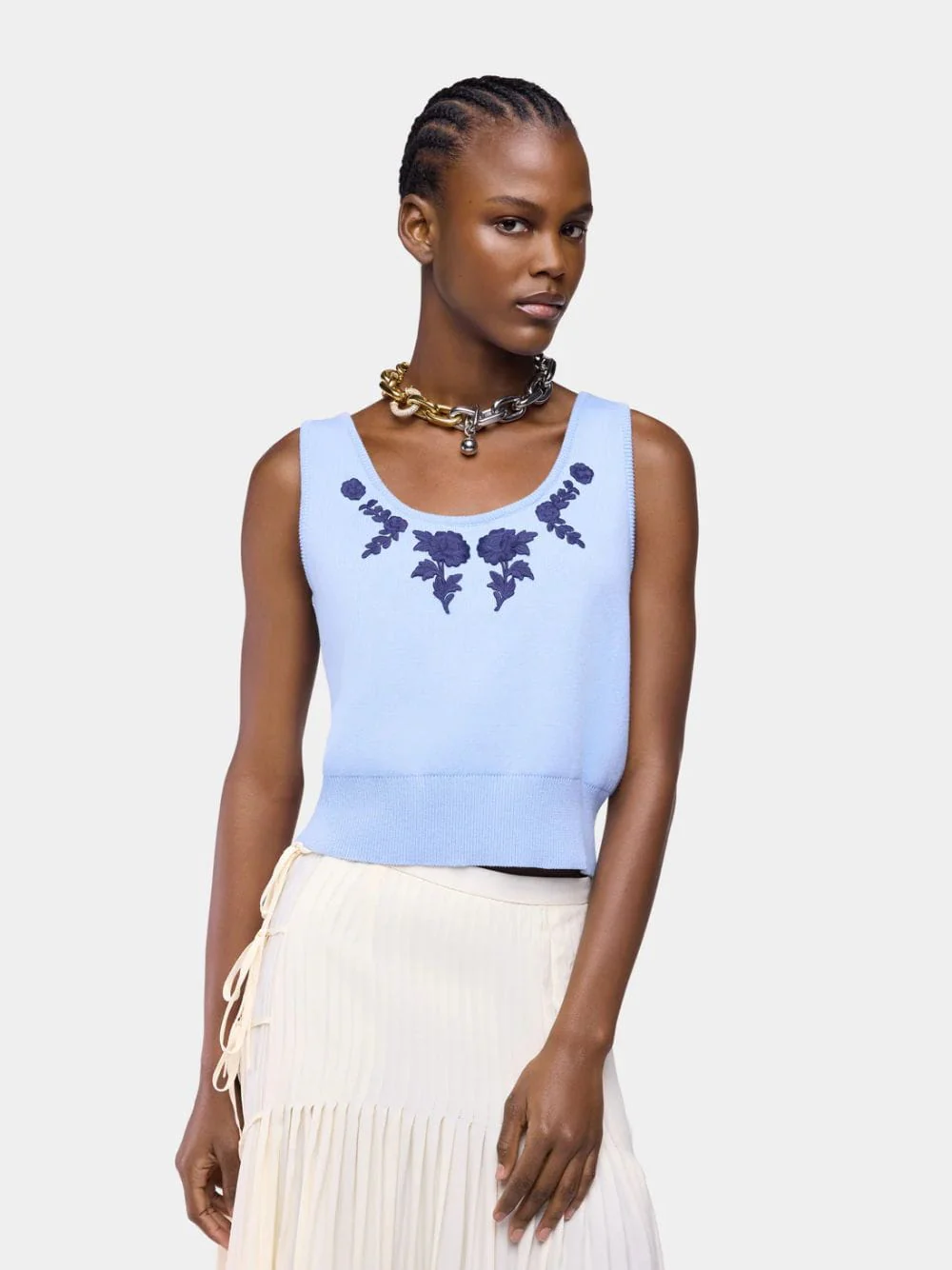 Blue Floral Embroidered Knit Tank - Image 2