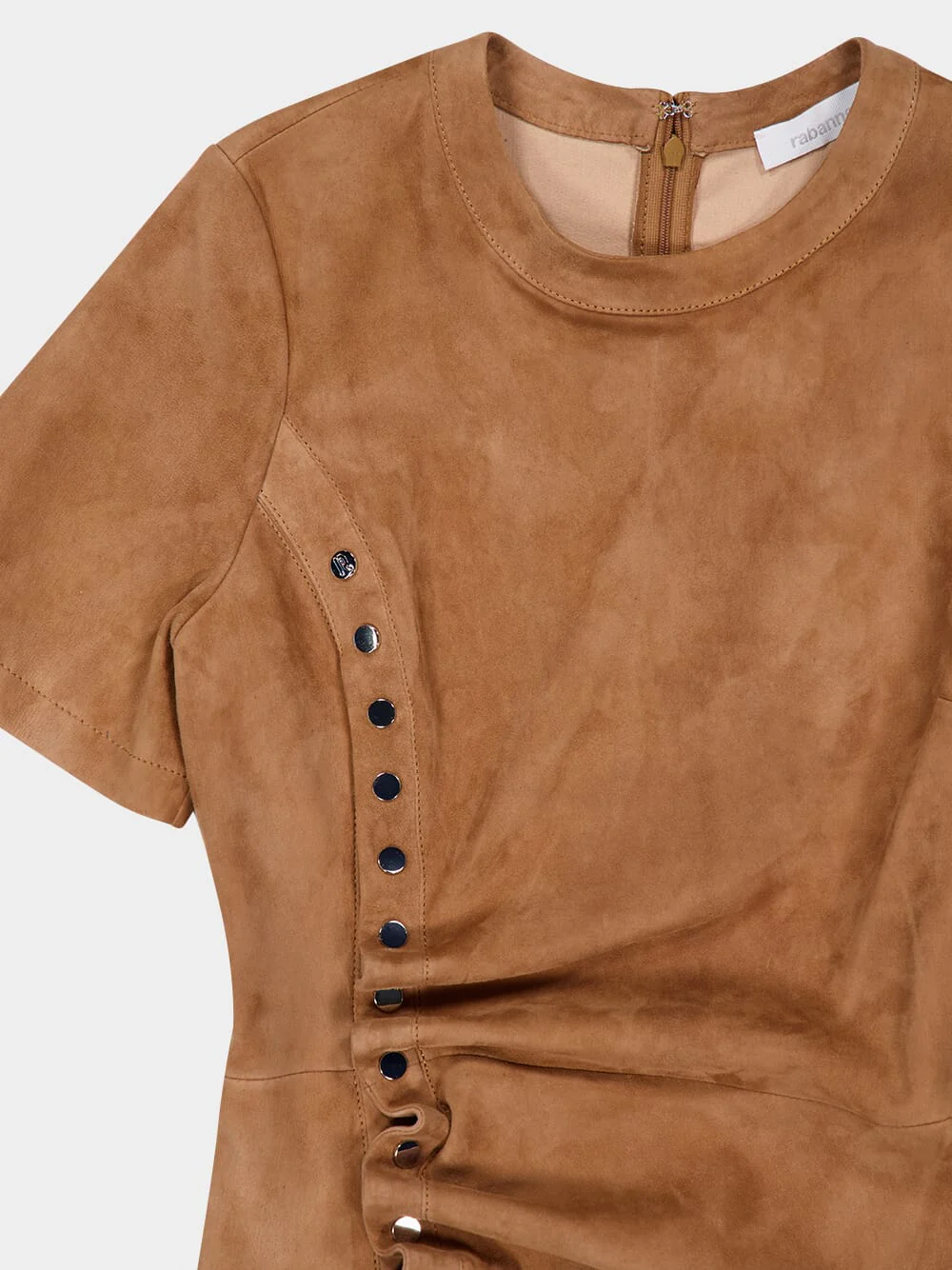 Camel Draped Suede Mini Dress - Image 3