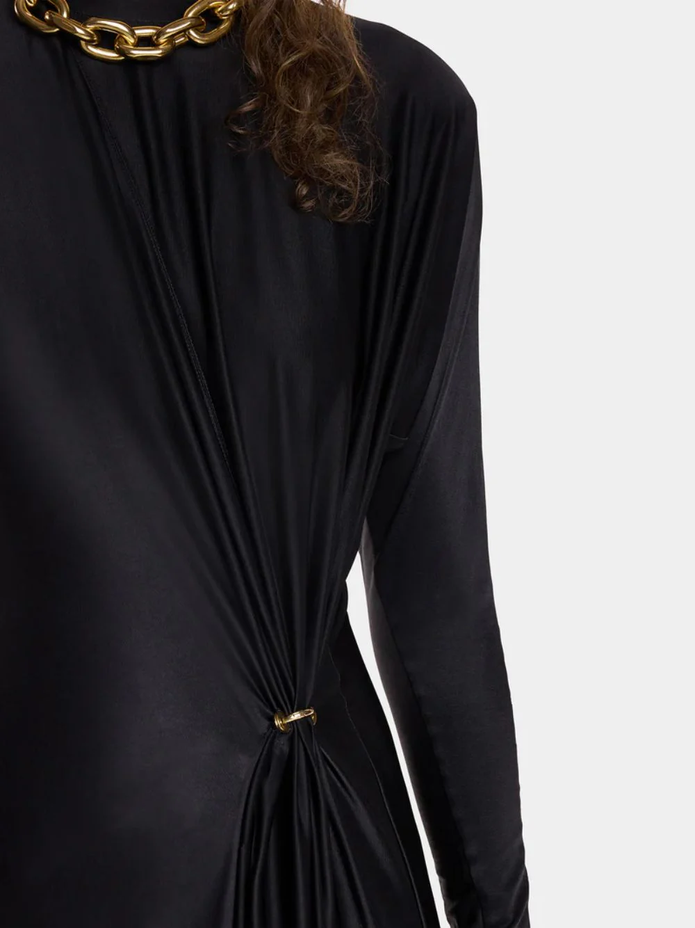 Black Long Gathered Jersey Dress with Gold Ring - Image 5