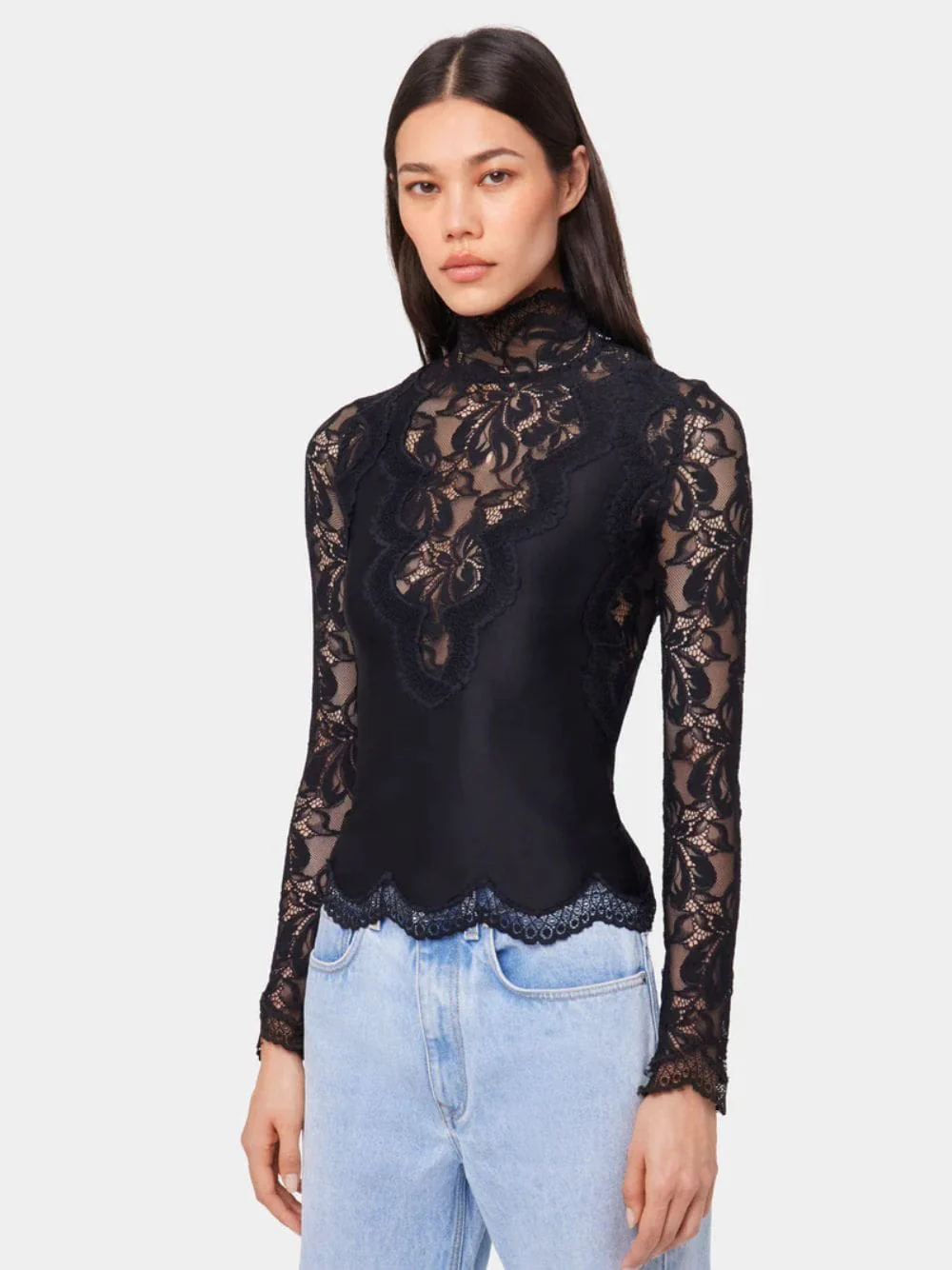 Black Long-Sleeve Lace and Jersey Top - Image 2