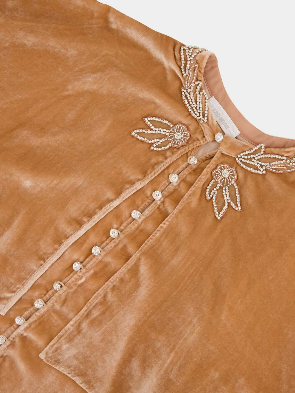 Camel Velvet Top with Crystal Buttons and Floral Embroidery - Image 3