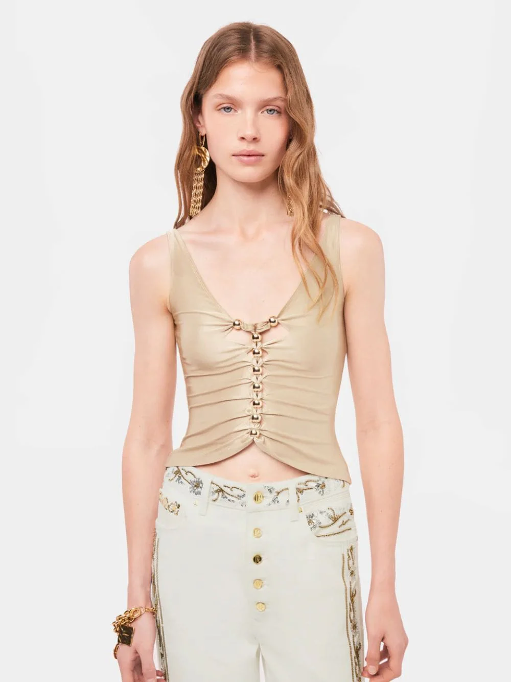 Draped Raffia-Colored Top with Metallic Details - Image 2