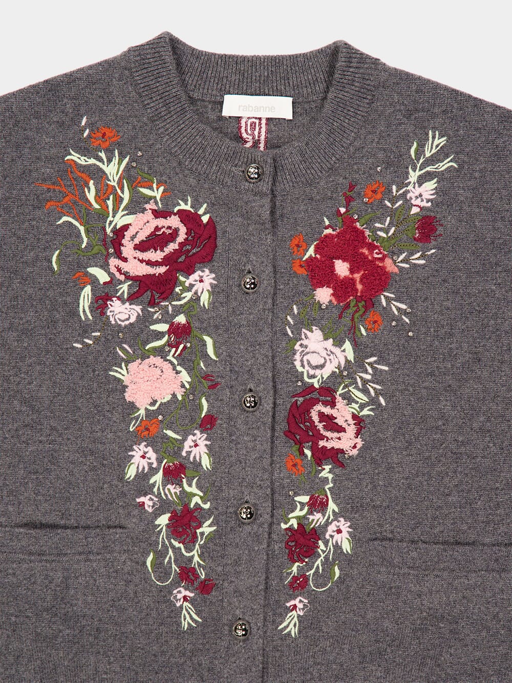 Grey Wool Cashmere Floral Embroidered Cardigan - Image 5