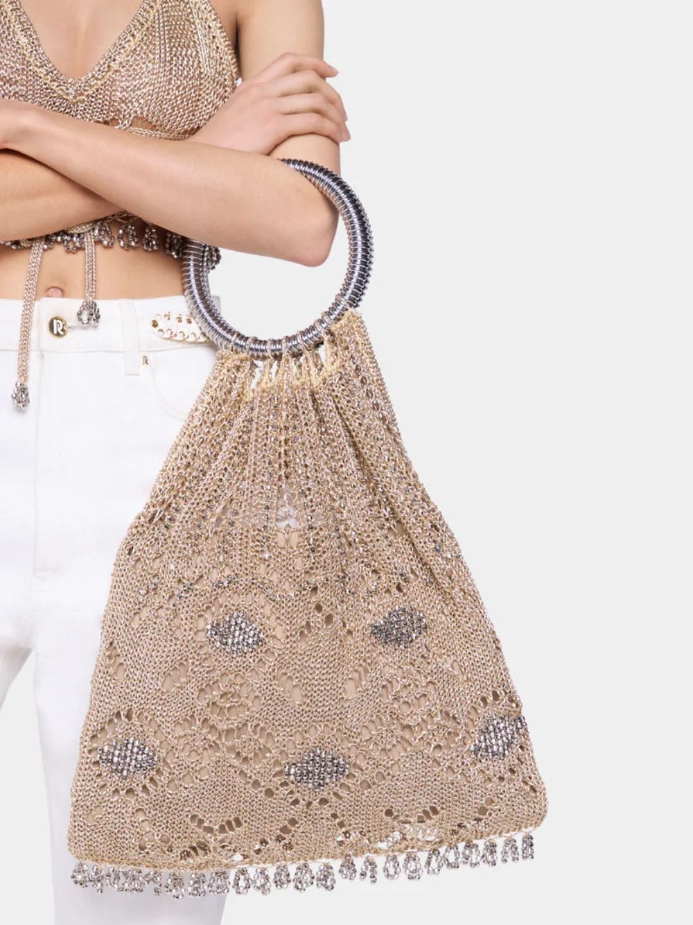 Light Gold Crochet Beaded Bag - Image 4