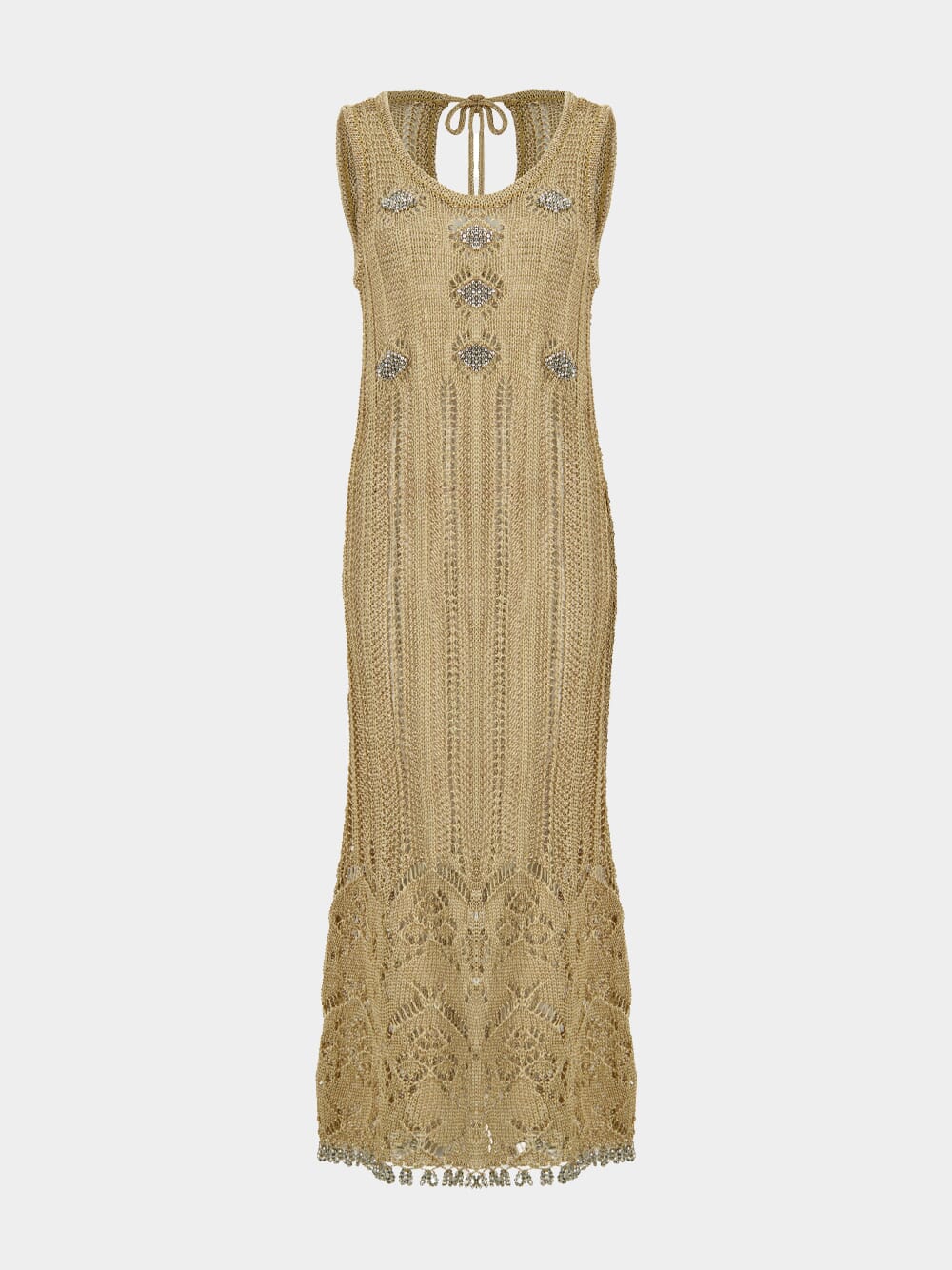 Light Gold Crochet Long Dress with Silver Beads
