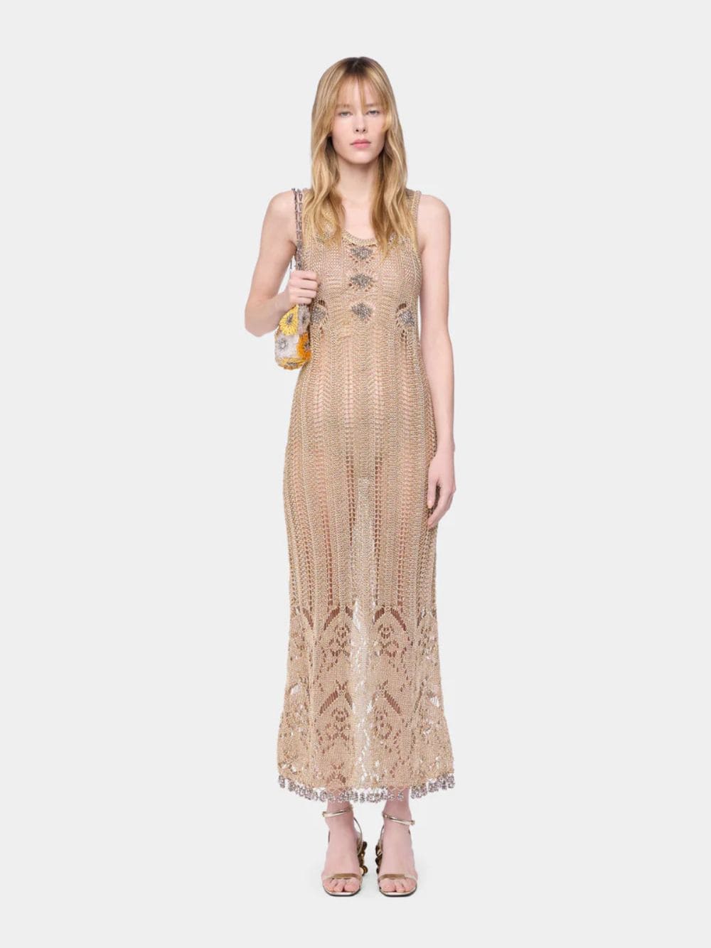Light Gold Crochet Long Dress with Silver Beads - Image 2