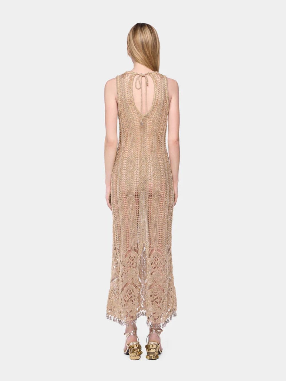 Light Gold Crochet Long Dress with Silver Beads - Image 4