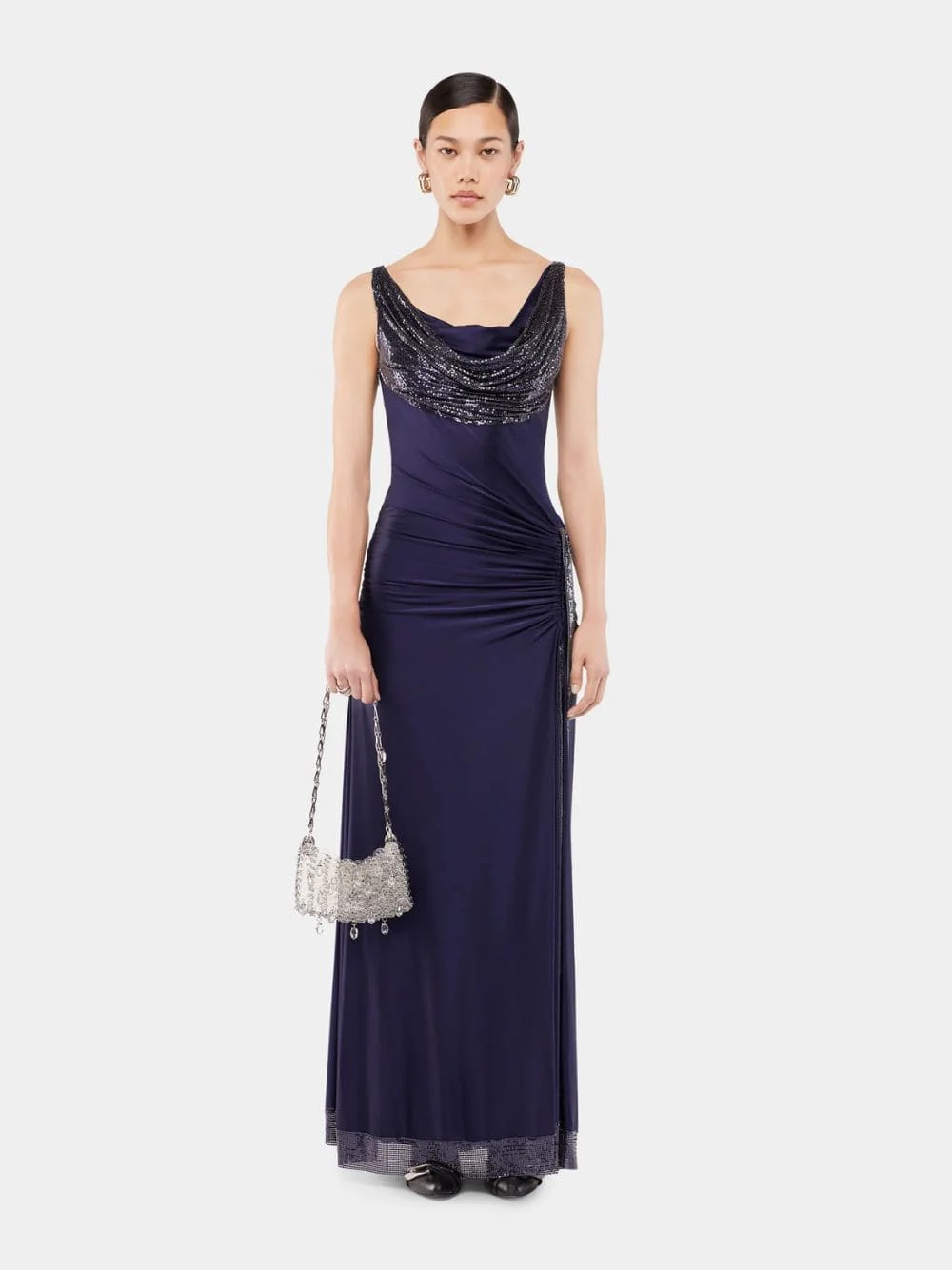 Viscose-Mesh Midnight Blue Long Dress
