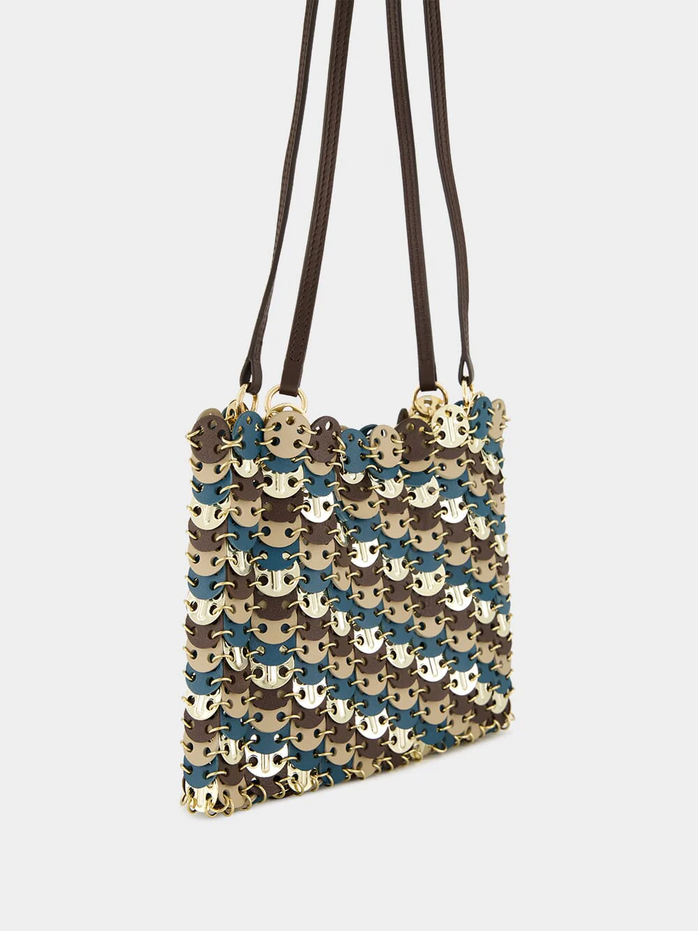 Mixed Disc Shoulder Bag in Light Gold, Blue, and Brown - Image 2