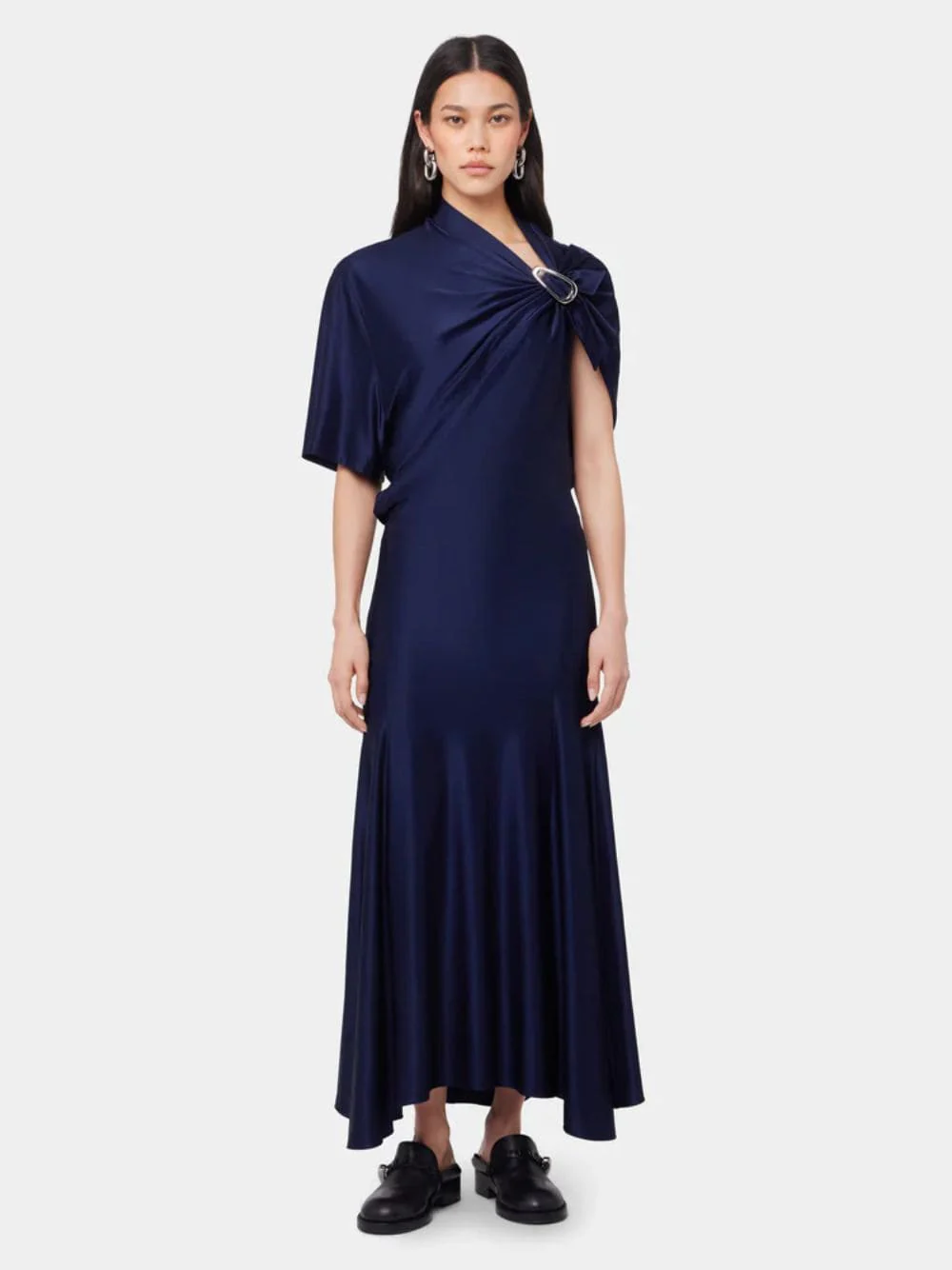 Navy Asymmetrical Jersey Long Dress